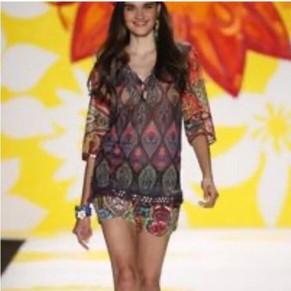 Desigual Rugos Embroidered Geometric Sheer Chiffon Kaftan Blouse Multi Women's M - Picture 2 of 9